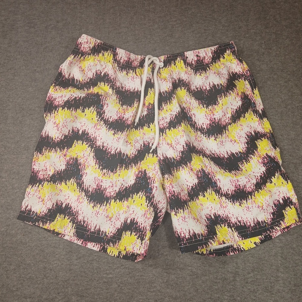 City Streets Men's Drawstring Swim Trunk Shorts Size Medium Colorful Wavy Stripe